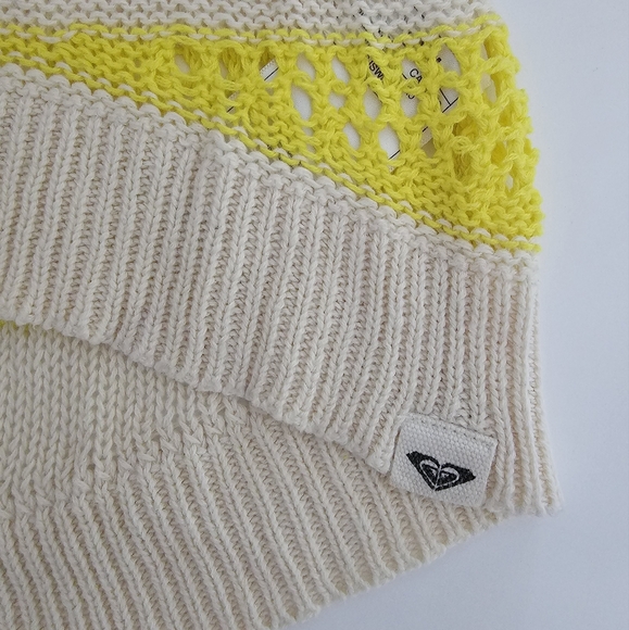 Y2K Roxy Pullover Sweater Size M Yellow Ivory Stripes Open Knit Scoop Neck Vtg - Picture 7 of 11